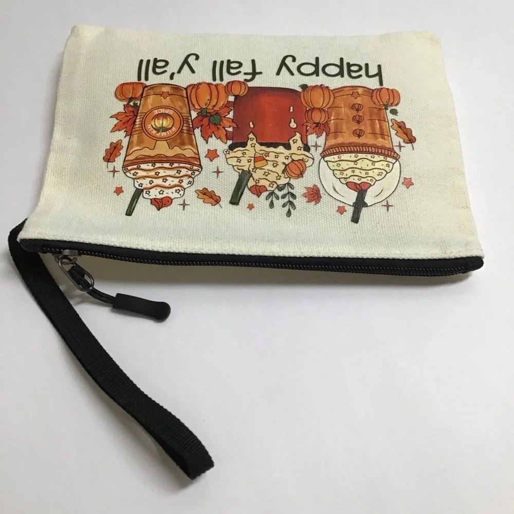 Fall Pumpkin Spice Latte Coffee Cosmetic Bag Canvas Zip Happy Fall Y’all NEW